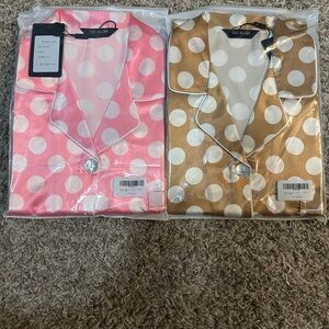 2 sets of Escalier polka dot pajama sets in pink and tan satin fabric.NWT large